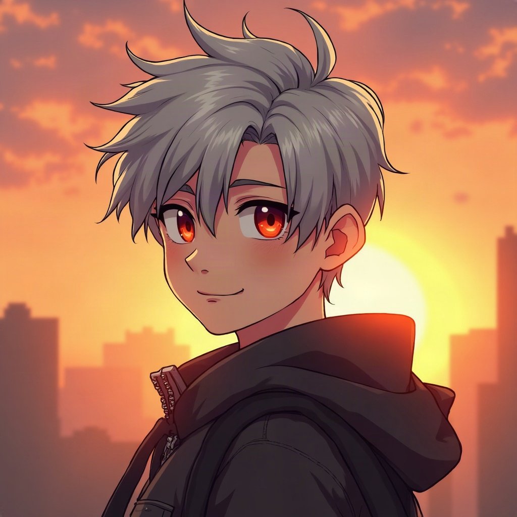anime boy pfp — silver undercut, piercing red eyes, confident smirk
