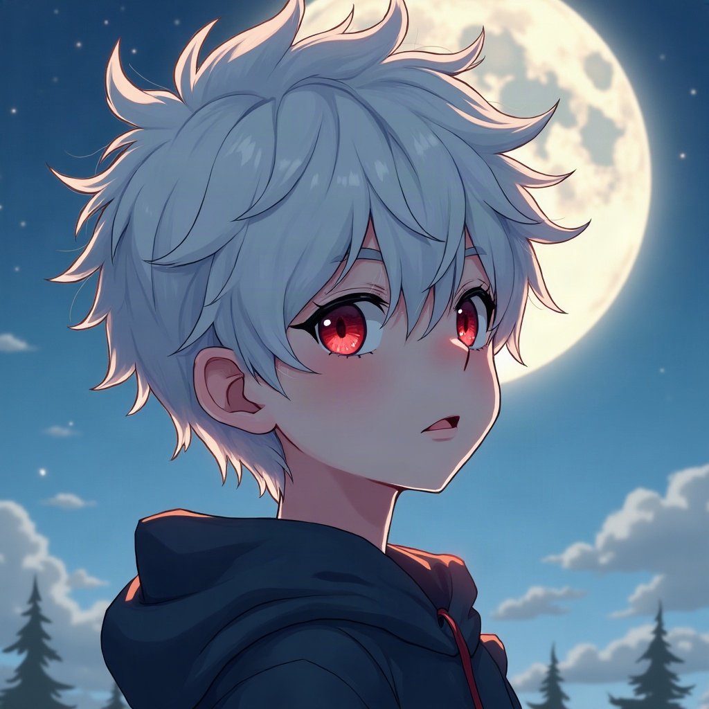 anime boy pfp — messy white hair, piercing red eyes, thoughtful side glance