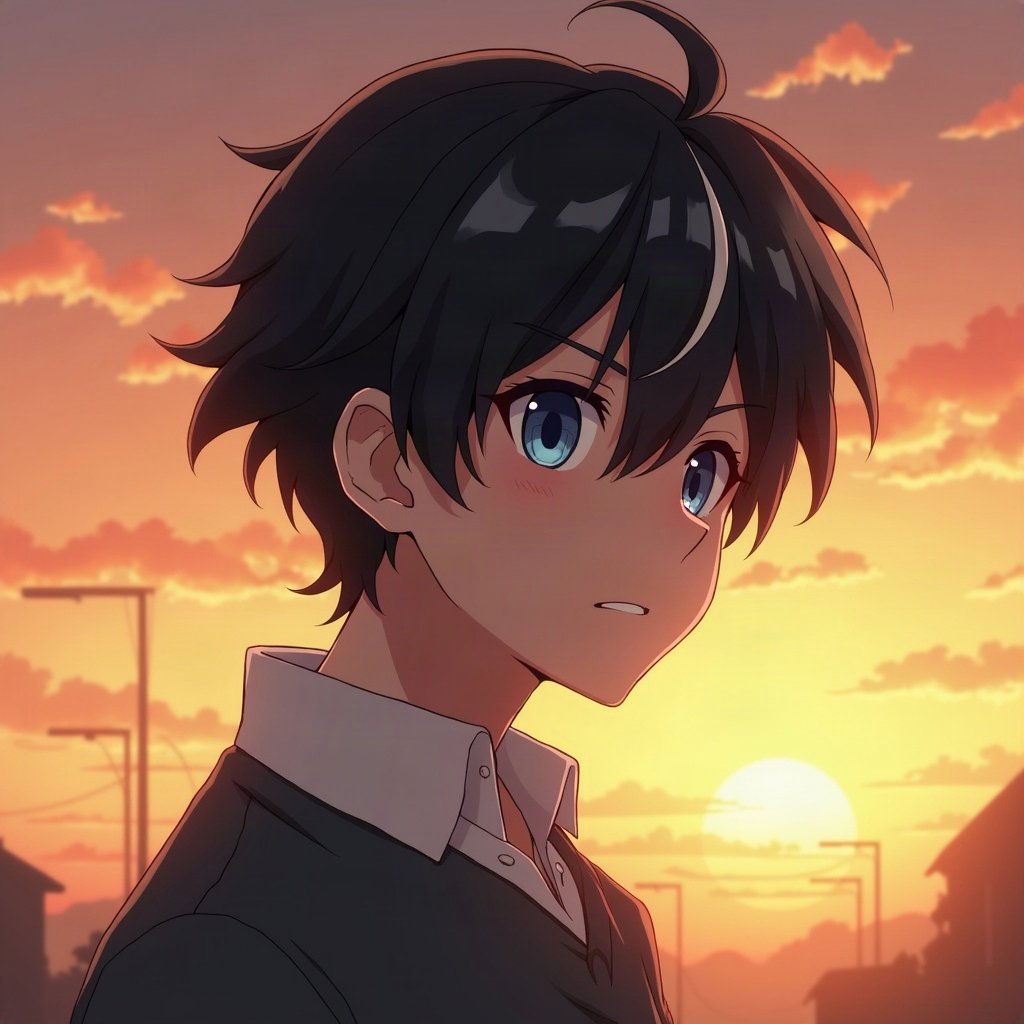 anime boy pfp — black hair with white streak, calm blue eyes, thoughtful side glance