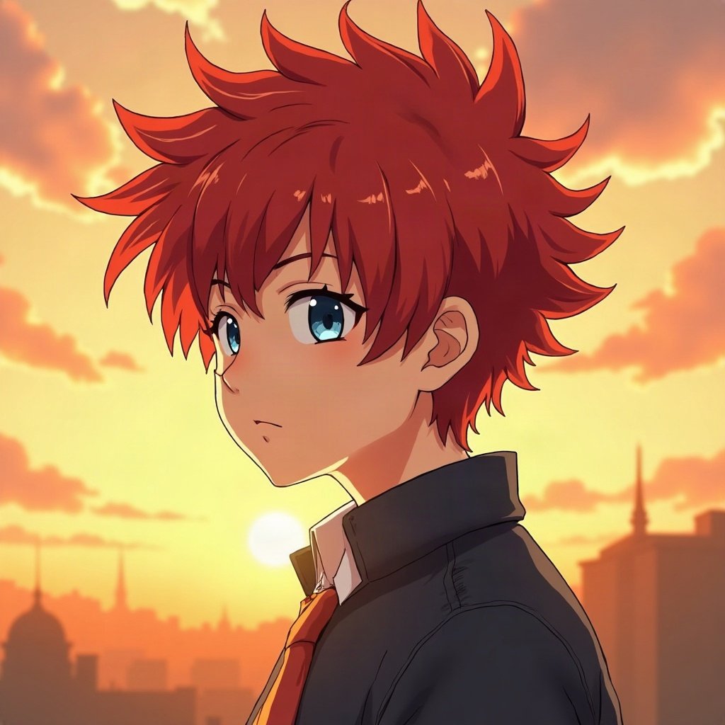 anime boy pfp — crimson red hair, heterochromia one blue one gold, battle-ready focus