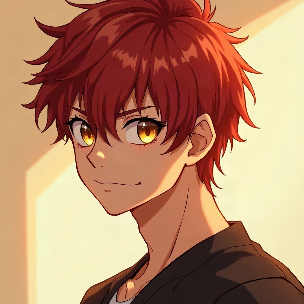 anime boy pfp — crimson red hair, golden amber eyes, confident smirk