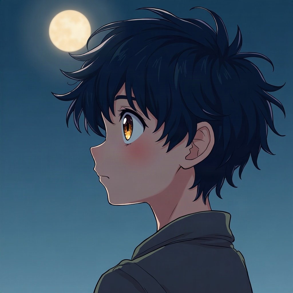 anime boy pfp — dark blue tousled hair, golden amber eyes, thoughtful side glance