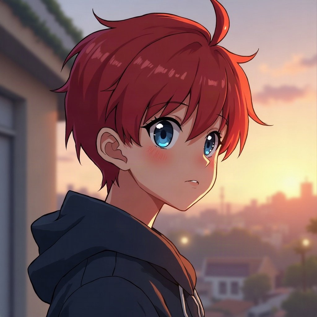 anime boy pfp — crimson red hair, calm blue eyes, thoughtful side glance