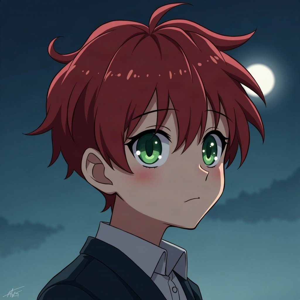 anime boy pfp — crimson red hair, sharp green eyes, thoughtful side glance