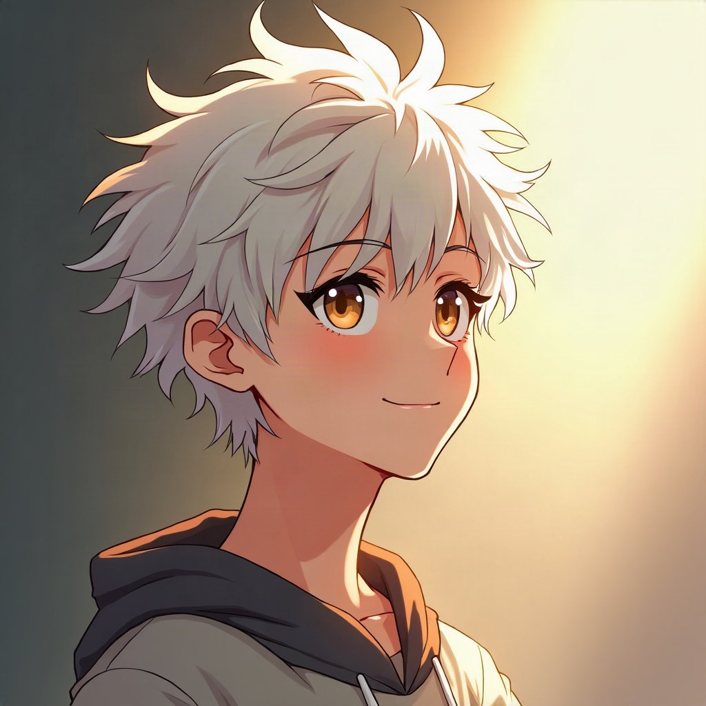 anime boy pfp — messy white hair, golden amber eyes, gentle soft smile