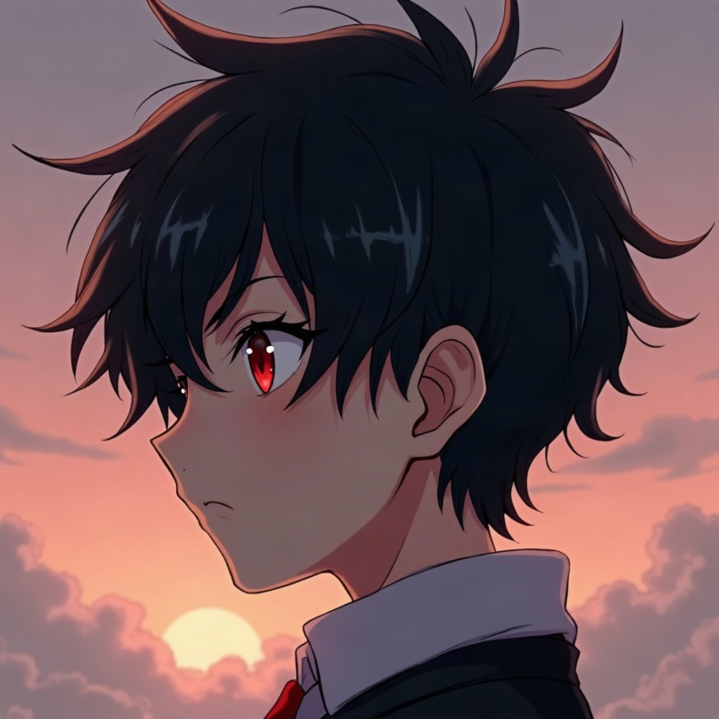 anime boy pfp — black hair with white streak, piercing red eyes, cold distant stare