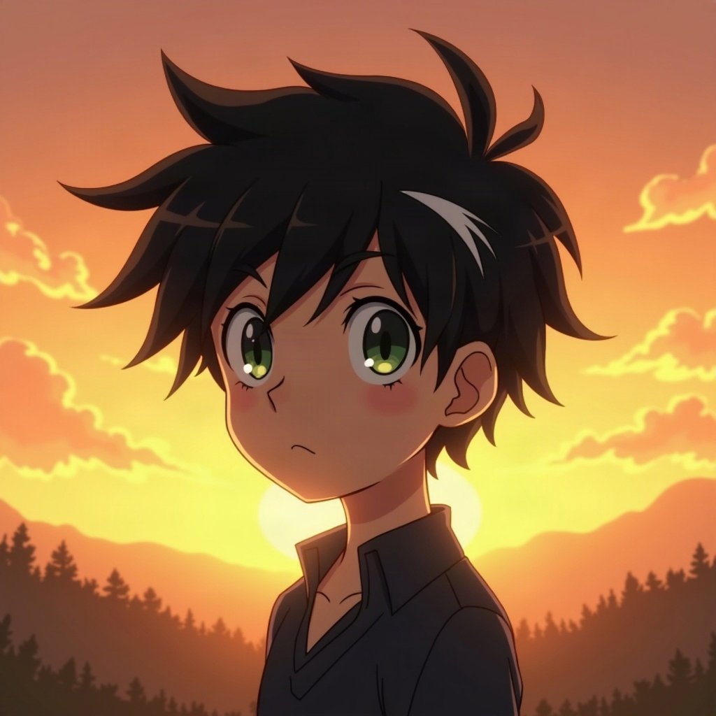anime boy pfp — black hair with white streak, sharp green eyes, thoughtful side glance