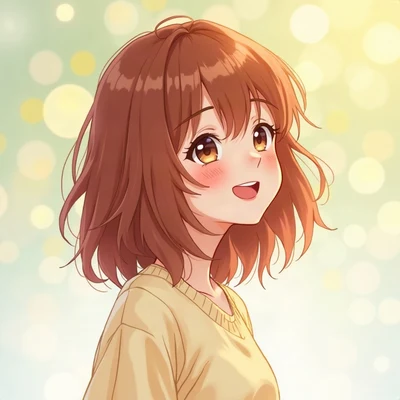 anime girl pfp — messy auburn shoulder-length hair, soft cheerful laugh, dreamy pastel bokeh lighting