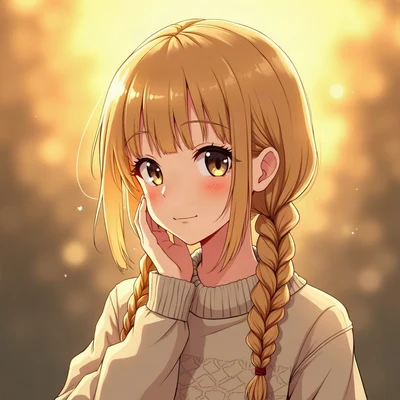 anime girl pfp — blonde braided hair, thoughtful look, golden hour warm lighting