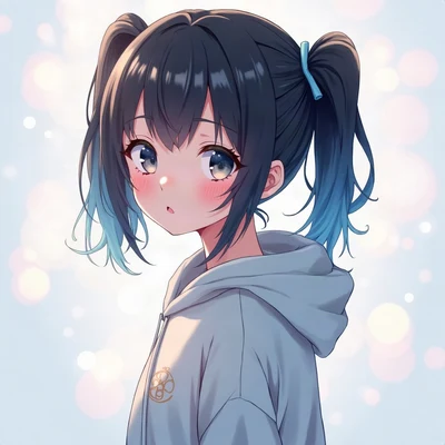 anime girl pfp — black hair with blue tint in twin tails, curious sideways glance, dreamy pastel bokeh lighting