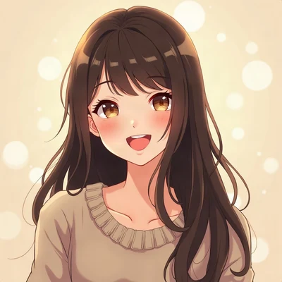 anime girl pfp — dark brown long straight hair, soft cheerful laugh, dreamy pastel bokeh lighting