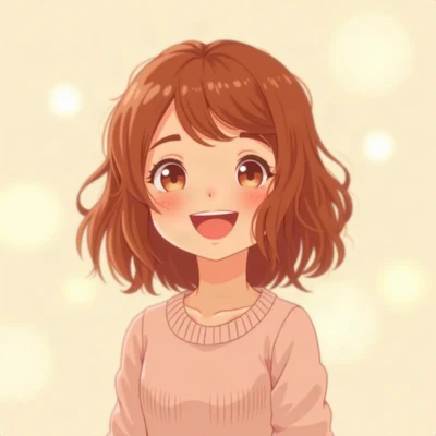 anime girl pfp — messy auburn shoulder-length hair, soft cheerful laugh, dreamy pastel bokeh lighting