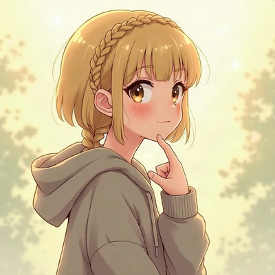 anime girl pfp — blonde braided hair, thoughtful look, cool morning light