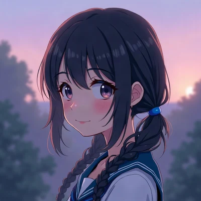 anime girl pfp — black hair with blue tint in twin tails, gentle smile, dusk purple ambient light