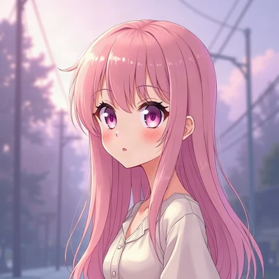 anime girl pfp — long pastel pink hair, calm serene expression, dusk purple ambient light