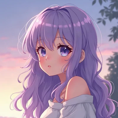 anime girl pfp — lavender wavy hair, curious sideways glance, dusk purple ambient light