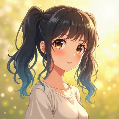anime girl pfp — black hair with blue tint in twin tails, curious sideways glance, golden hour warm lighting
