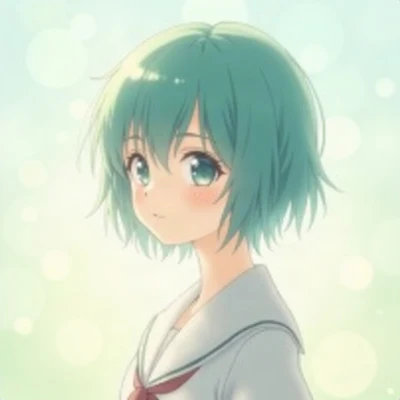 anime girl pfp — teal short pixie hair, gentle smile, cool morning light