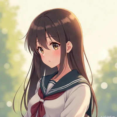 anime girl pfp — dark brown long straight hair, calm serene expression, cool morning light