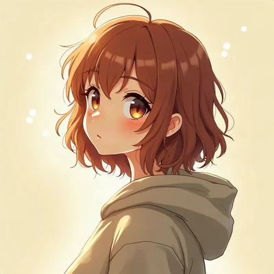 anime girl pfp — messy auburn shoulder-length hair, thoughtful look, cool morning light