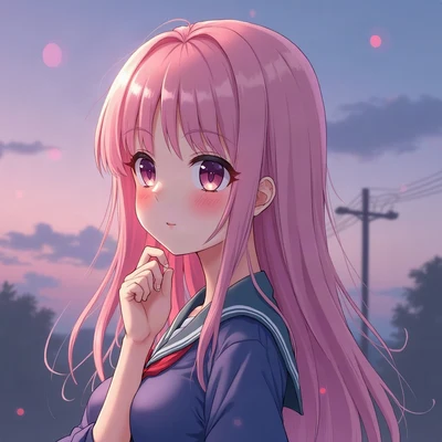 anime girl pfp — long pastel pink hair, thoughtful look, dusk purple ambient light