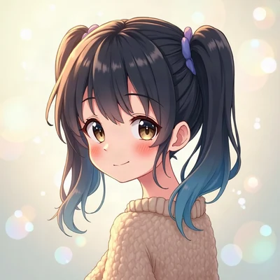 anime girl pfp — black hair with blue tint in twin tails, gentle smile, dreamy pastel bokeh lighting