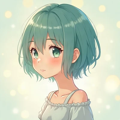 anime girl pfp — teal short pixie hair, calm serene expression, dreamy pastel bokeh lighting