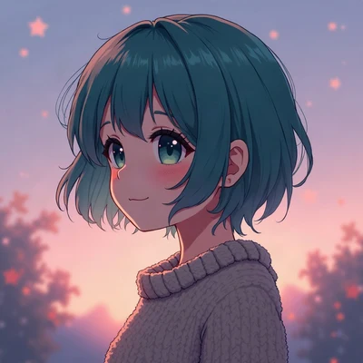 anime girl pfp — teal short pixie hair, gentle smile, dusk purple ambient light