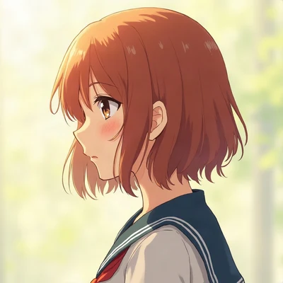 anime girl pfp — messy auburn shoulder-length hair, calm serene expression, cool morning light