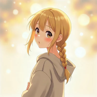 anime girl pfp — blonde braided hair, curious sideways glance, dreamy pastel bokeh lighting