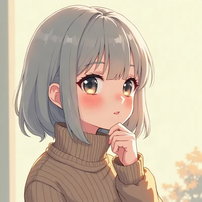 anime girl pfp — short silver bob, thoughtful look, cool morning light