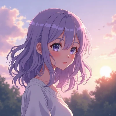 anime girl pfp — lavender wavy hair, gentle smile, dusk purple ambient light