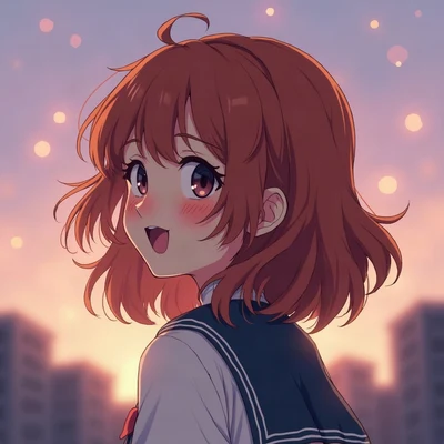 anime girl pfp — messy auburn shoulder-length hair, soft cheerful laugh, dusk purple ambient light