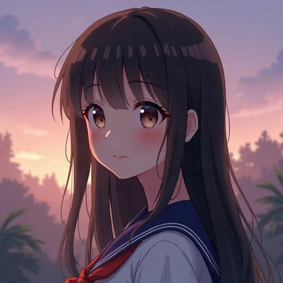 anime girl pfp — dark brown long straight hair, gentle smile, dusk purple ambient light