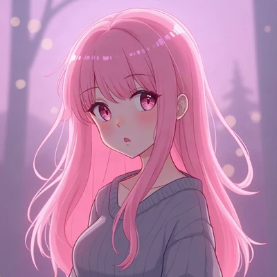 anime girl pfp — long pastel pink hair, calm serene expression, dusk purple ambient light