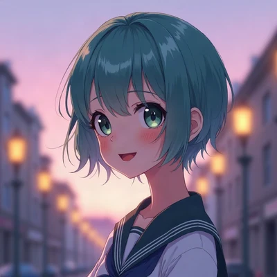 anime girl pfp — teal short pixie hair, soft cheerful laugh, dusk purple ambient light