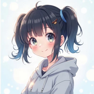 anime girl pfp — black hair with blue tint in twin tails, gentle smile, dreamy pastel bokeh lighting