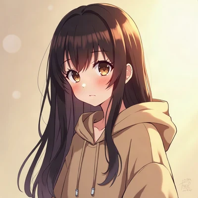 anime girl pfp — dark brown long straight hair, calm serene expression, cool morning light
