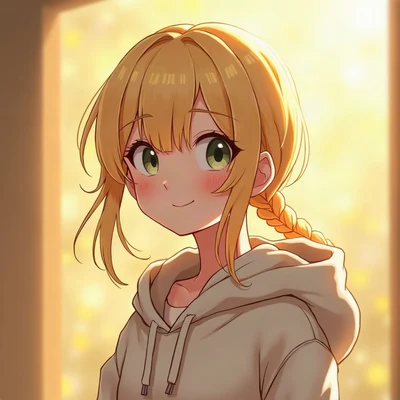 anime girl pfp — blonde braided hair, gentle smile, golden hour warm lighting