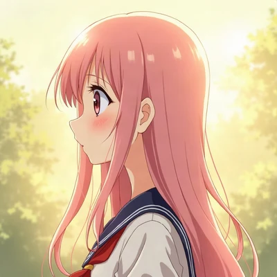 anime girl pfp — long pastel pink hair, thoughtful look, golden hour warm lighting