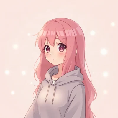 anime girl pfp — long pastel pink hair, thoughtful look, dreamy pastel bokeh lighting