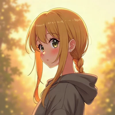 anime girl pfp — blonde braided hair, thoughtful look, golden hour warm lighting