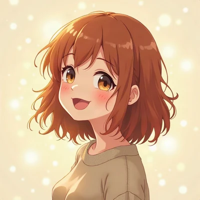 anime girl pfp — messy auburn shoulder-length hair, soft cheerful laugh, dreamy pastel bokeh lighting