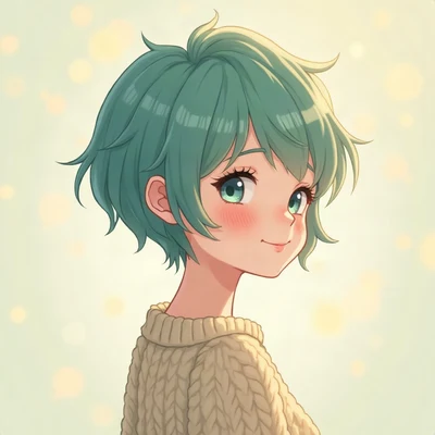 anime girl pfp — teal short pixie hair, gentle smile, dreamy pastel bokeh lighting