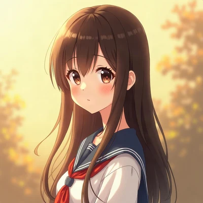 anime girl pfp — dark brown long straight hair, gentle smile, golden hour warm lighting