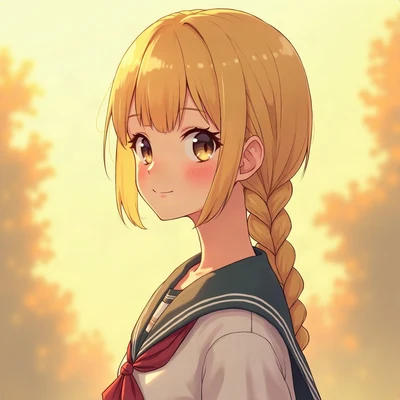 anime girl pfp — blonde braided hair, gentle smile, golden hour warm lighting