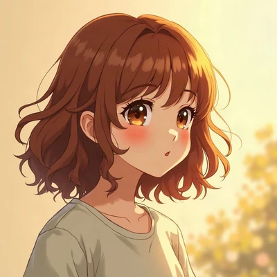 anime girl pfp — messy auburn shoulder-length hair, calm serene expression, golden hour warm lighting