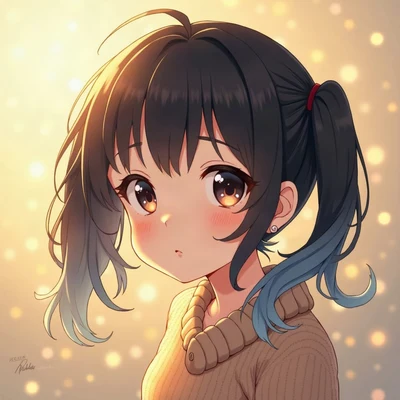 anime girl pfp — black hair with blue tint in twin tails, calm serene expression, golden hour warm lighting