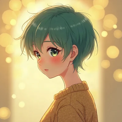 anime girl pfp — teal short pixie hair, curious sideways glance, golden hour warm lighting