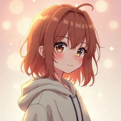 anime girl pfp — messy auburn shoulder-length hair, curious sideways glance, dreamy pastel bokeh lighting